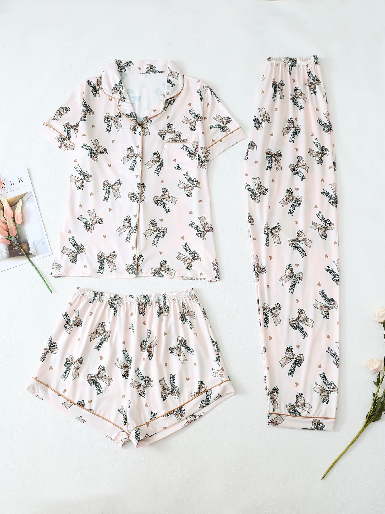 Three-piece Set Women's Bowknot & Heart Print Pajama Set, Cute Comfy Short Sleeve Tee & Elastic Waist Trousers & Shorts Pj Set, Ladies Sleepwear for All Seasons, Casual Sleepwear Set