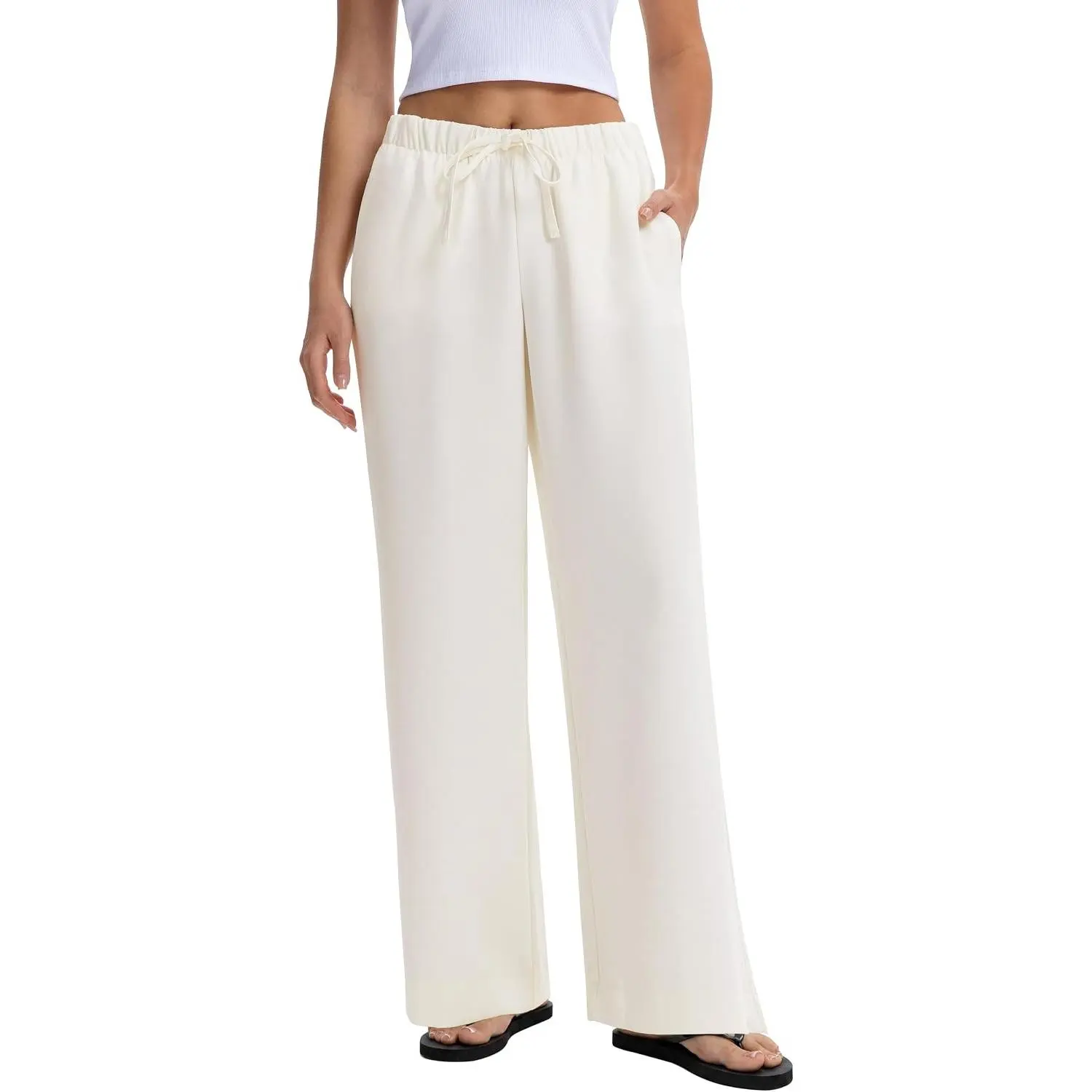 Wide Leg Pants for Women Casual Flowy Crepe Trousers Wrinkle Free Relaxed Fit Lounge Work Business with Pockets