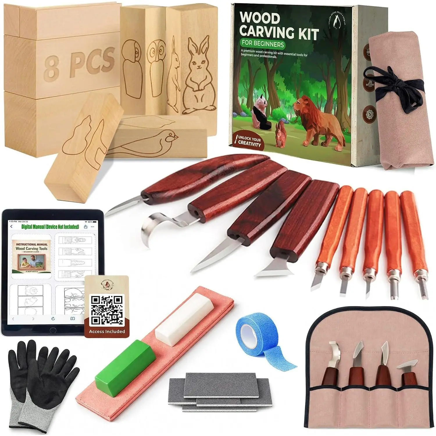 Wood Carving Kit - 29-Piece Whittling Set with 9 High-Carbon Steel Tools, Basswood Blocks w/Carved Guides, Safety Gloves, Whetstone, Stropping Leather & Roll Bag - for Beginners Pro