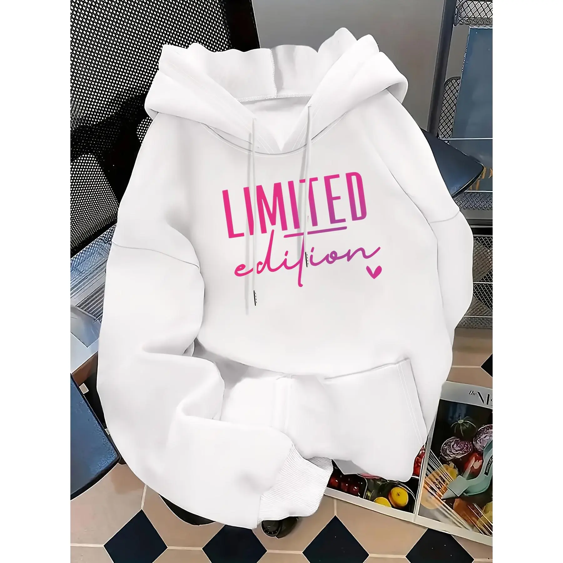 Oversized White Hooded Sweatshirt for Plus-Size Women - hoodie Letter Print in Pink And Black.Thick And Cozy Pullover for Winter And Fall, Featuring a Drawstring Hood And Machine Washable Fabric.