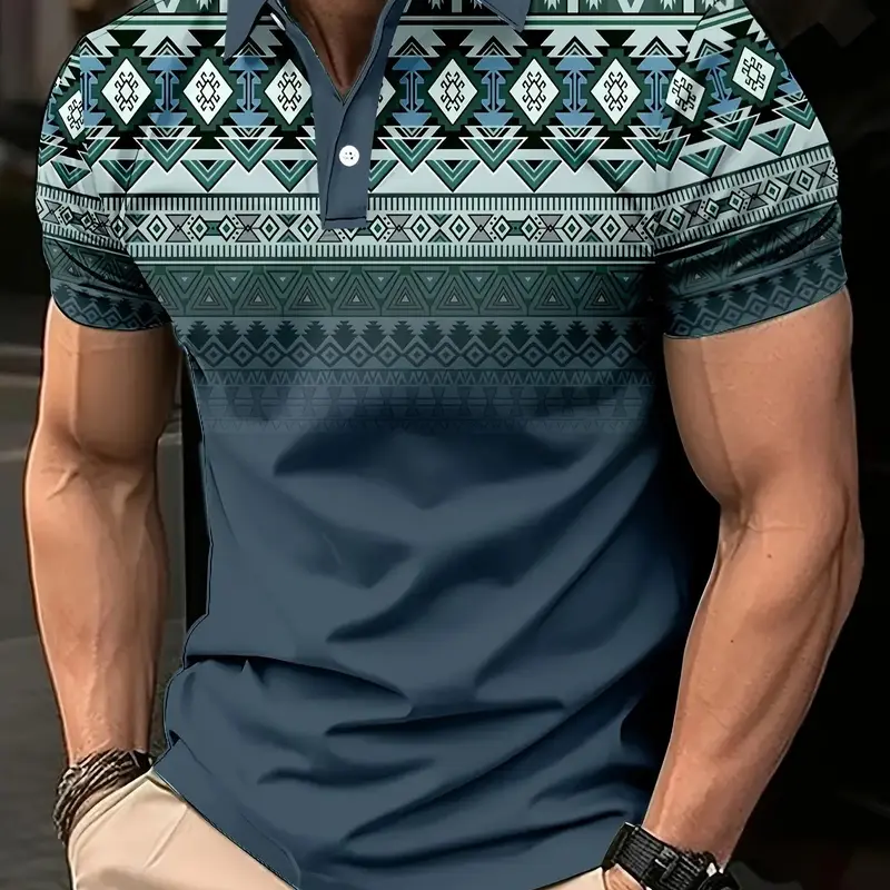 Men's Polo Short Sleeve T-Shirt, Aztec Geometric Print, Loose-Fit, Breathable Golf Shirt, Casual Daily Wear, Lightweight Men's Polo, Graphic Polo Shirt