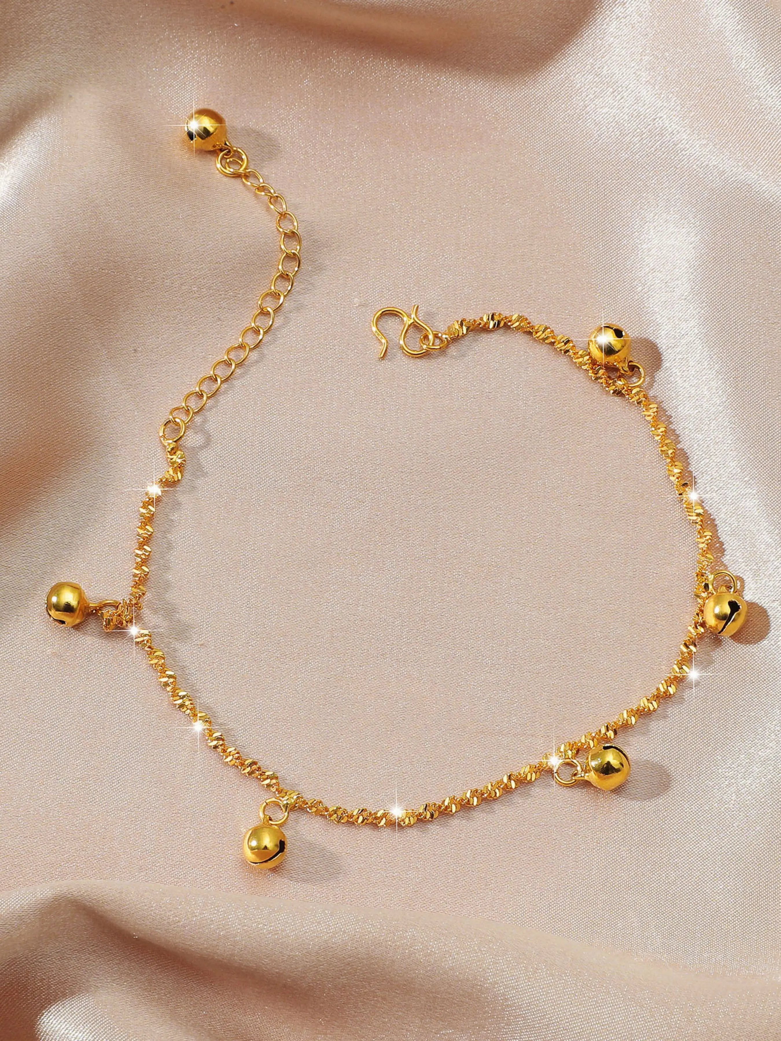 24k Bell Chain Bohemian Style Anklet for Women, Adjustable Twisted Link, Cute Sound Summer Beach Jewelry, Perfect Gift for Girlfriend