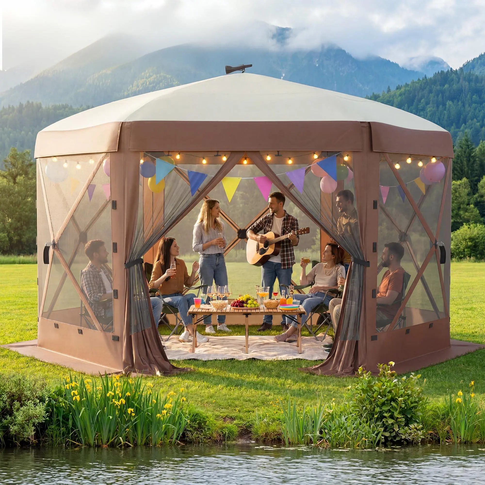 Quick-Setup Pop-Up Shelter Screen Tent - 13x13FT Hexagon Shelter with 6 Mesh Sides - Portable Enclosed Canopy for Camping, Backyard, Patio, Bug Protection