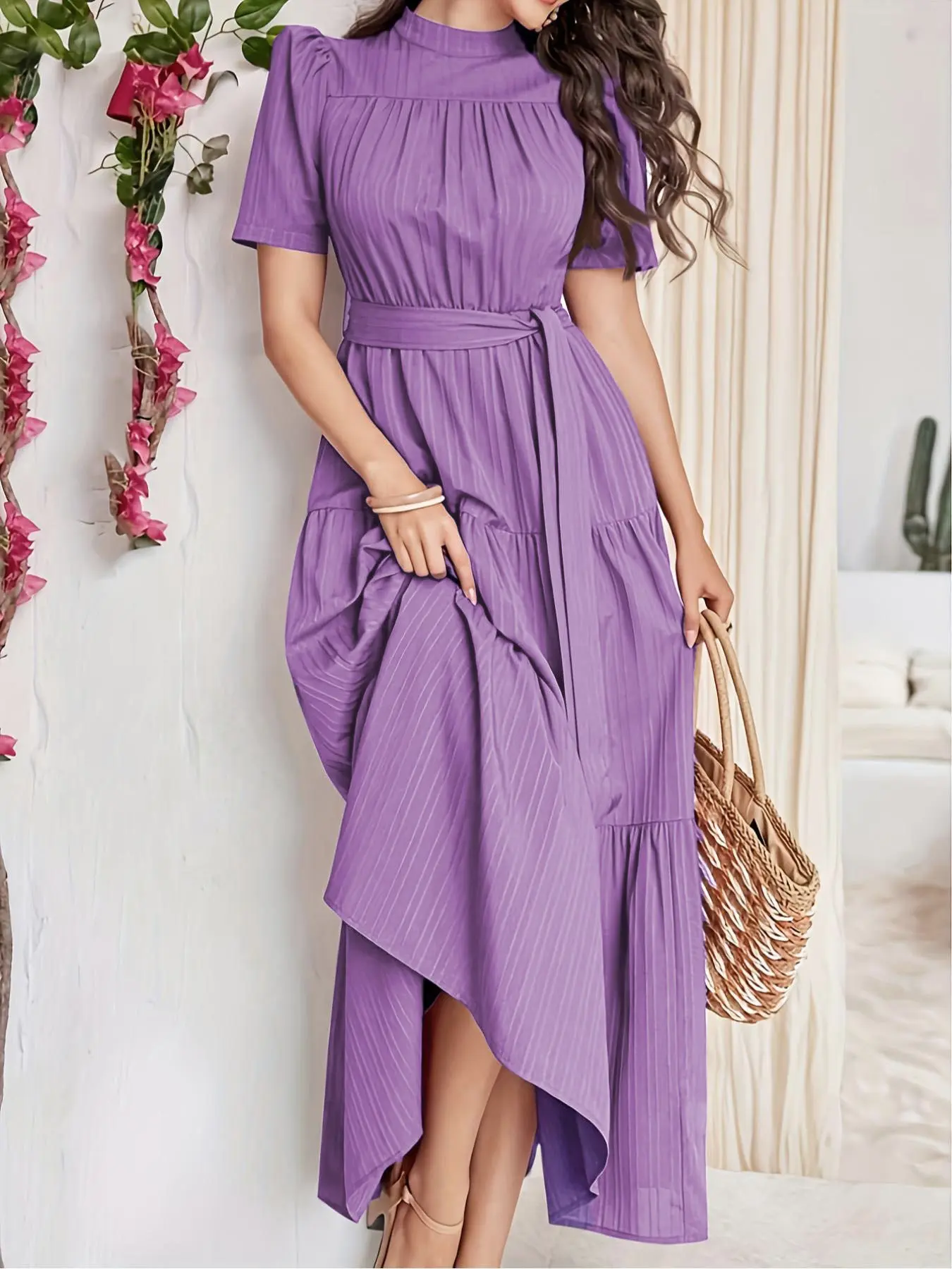 Women's High Neck Tiered Dress, Modest Fashion, Elegance, Cinched Waist, Tiered Ruffle Hem, Soft & Breathable, Ideal for Weddings/parties