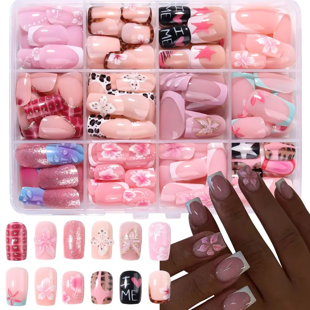 288pcs Short Square Fake Nails, Nail Art Design, French Style, Hibiscus Leopard Pattern, Press-On Nail Set, Easy to Wear, Perfect for Parties, Dance, Daily Use