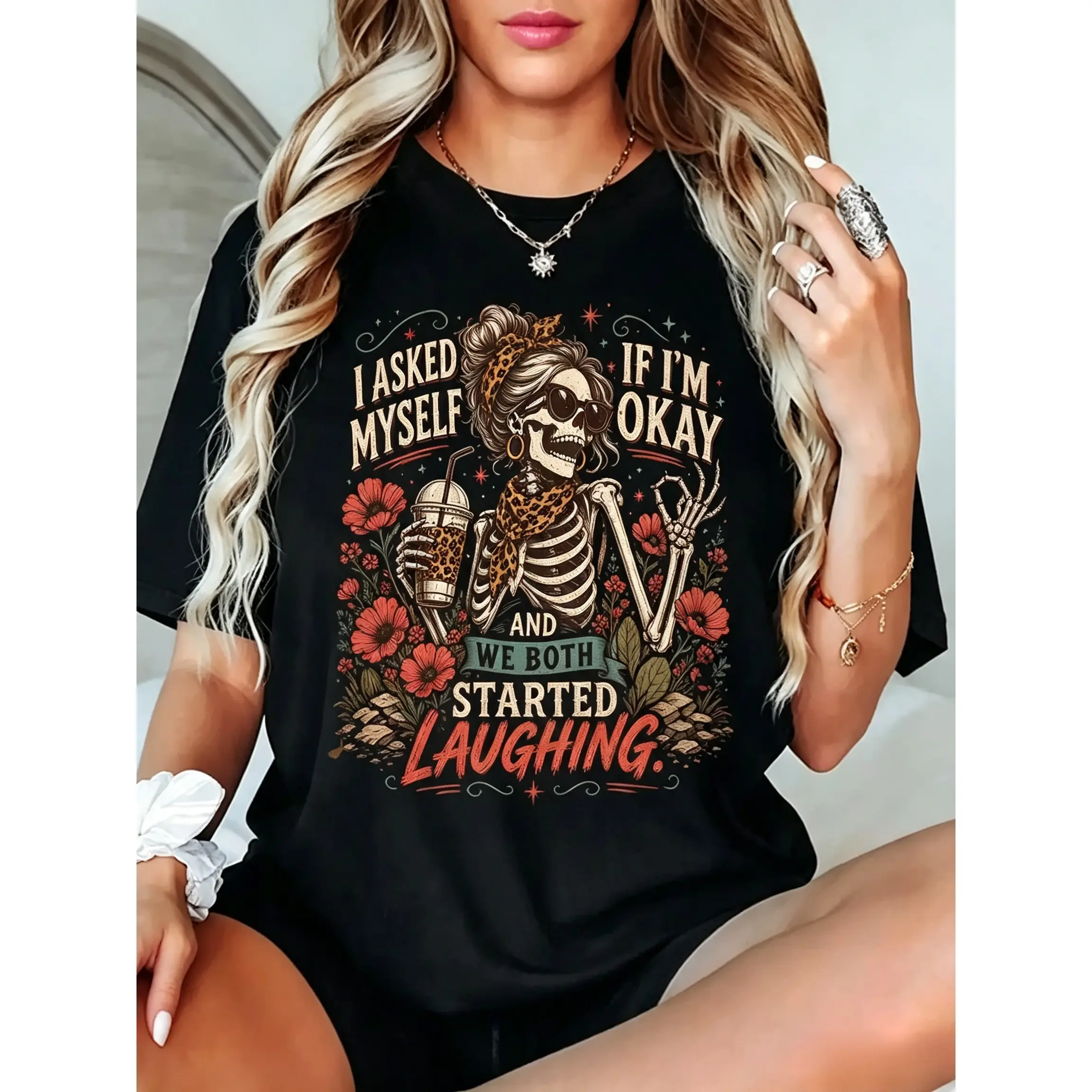 I Asked Myself If I'm Okay Skeleton T-Shirt, Snarky Sarcastic Funny Mental Health Shirt,Graphic Tee