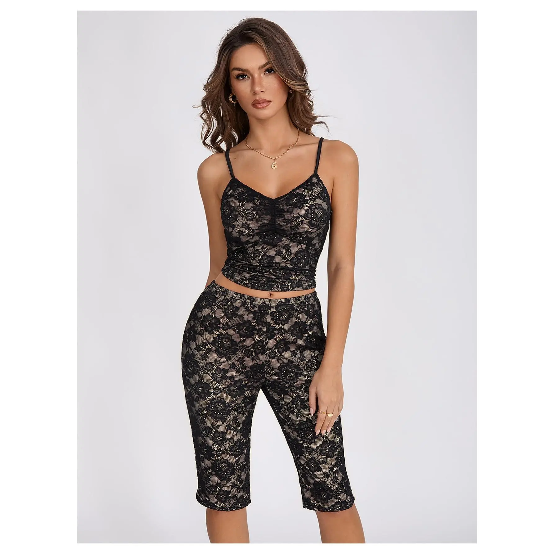 Women's Lace 2 Piece Outfits Y2k Clothes Camisole Crop Top and Capri Legging Summer Set Clubwear