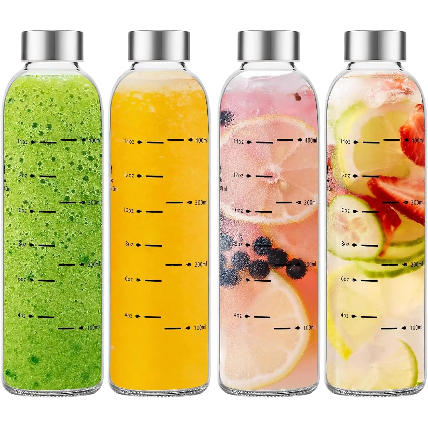 Glass Water Bottles with  17 oz, Clear Juice Bottles With Stainless Steel Cap,  Glass Drinking Bottle for Juicing, Refrigerator, Leak Proof,