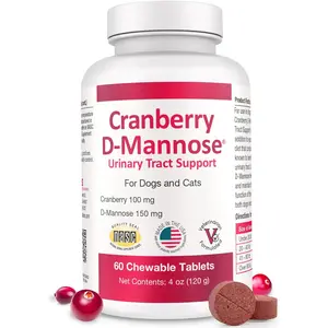D-Mannose Urinary Tract Supplement for Dogs & Cats, Bladder & UTI Health Support with Cranberry Extract & Vitamin C, Promotes Urinary Wellness & Kidney Function, 60 Chewable Tablets