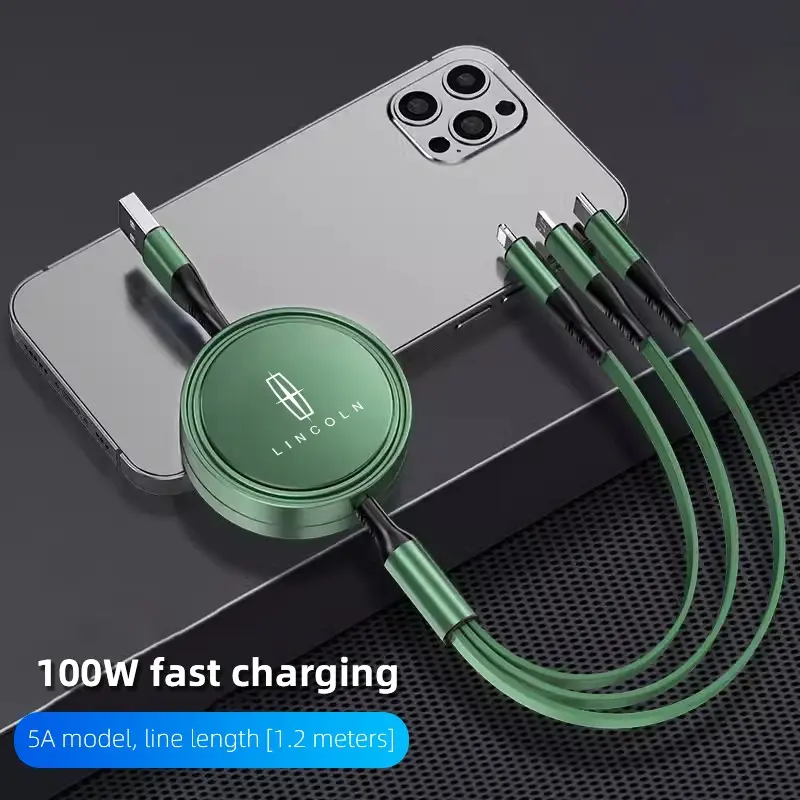 100W super fast charging 3-in-1 telescopic data cable For Lincoln Navigator Continental Nautilus Aviator MKZ MKX MKC MKT MKS Corsair Mark E