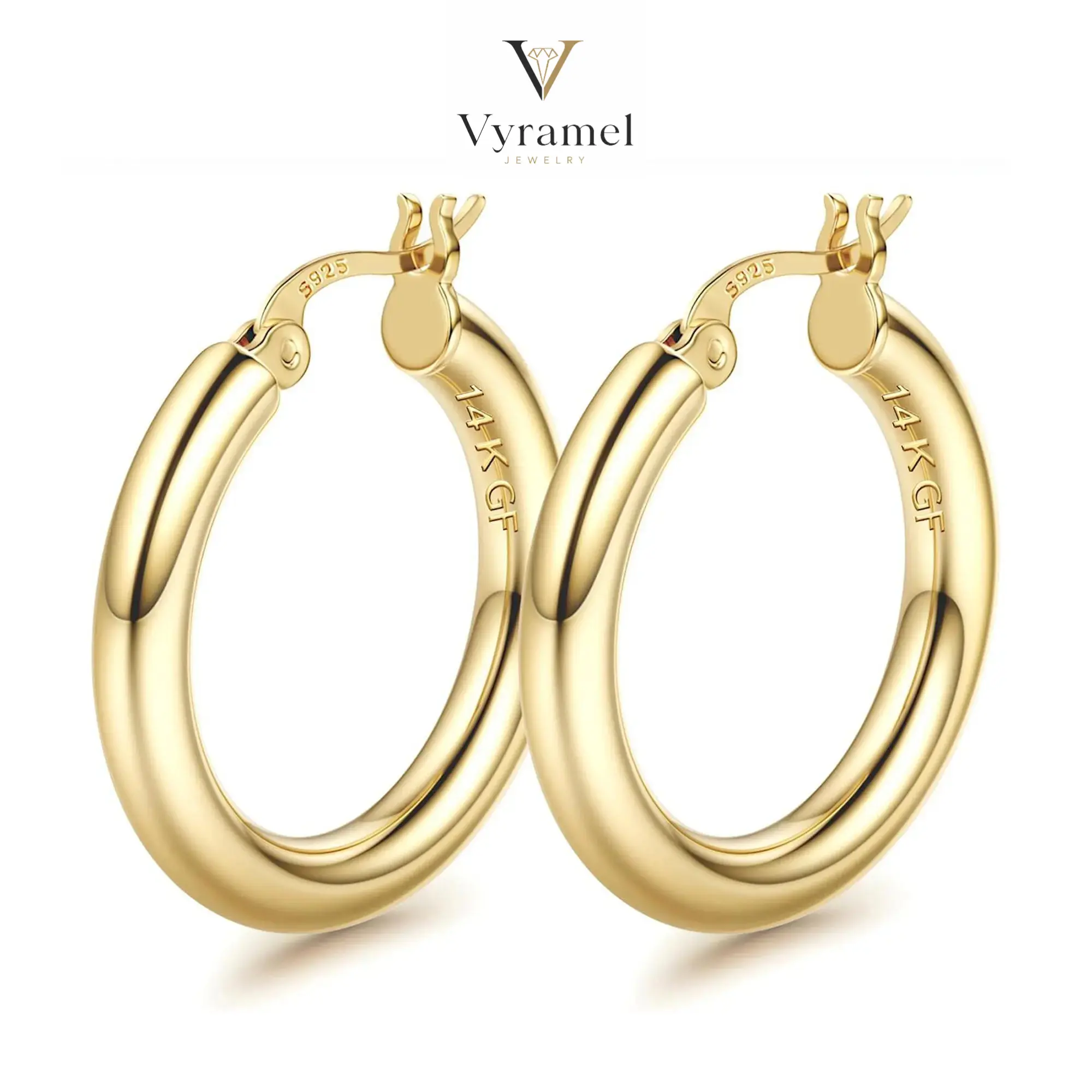 VYRAMEL 14K Chunky Gold Hoop Earrings for Women 925 Sterling Silver Post Hollow Tube Hoops Earrings 4mm Thick Hoop Earrings Hypoallergenic Lightweight Gold Big Large Hoop Earrings 25/30/40/50/60/70MM, Gold Jewelry, Accessories