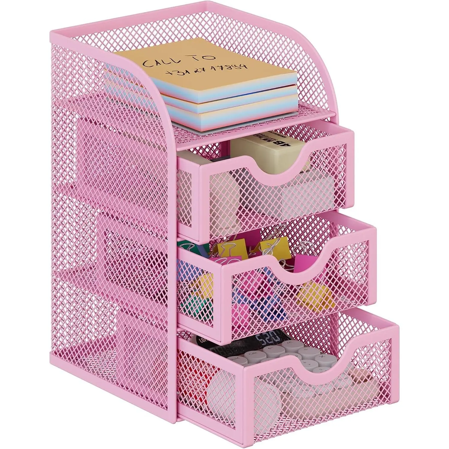 Mesh Desk Organizer with 3 Drawer Office Desktop Organizers and Accessories Stationery Caddy for Office, Home, Students, Pink