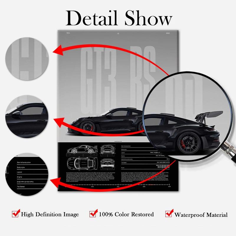 Wooden-Framed Canvas Painting, High-Performance GT3 RS Specification Poster, Modern Canvas Wall Art for Living Room, Bedroom & Office Decoration, Fashion Artistic Ornaments