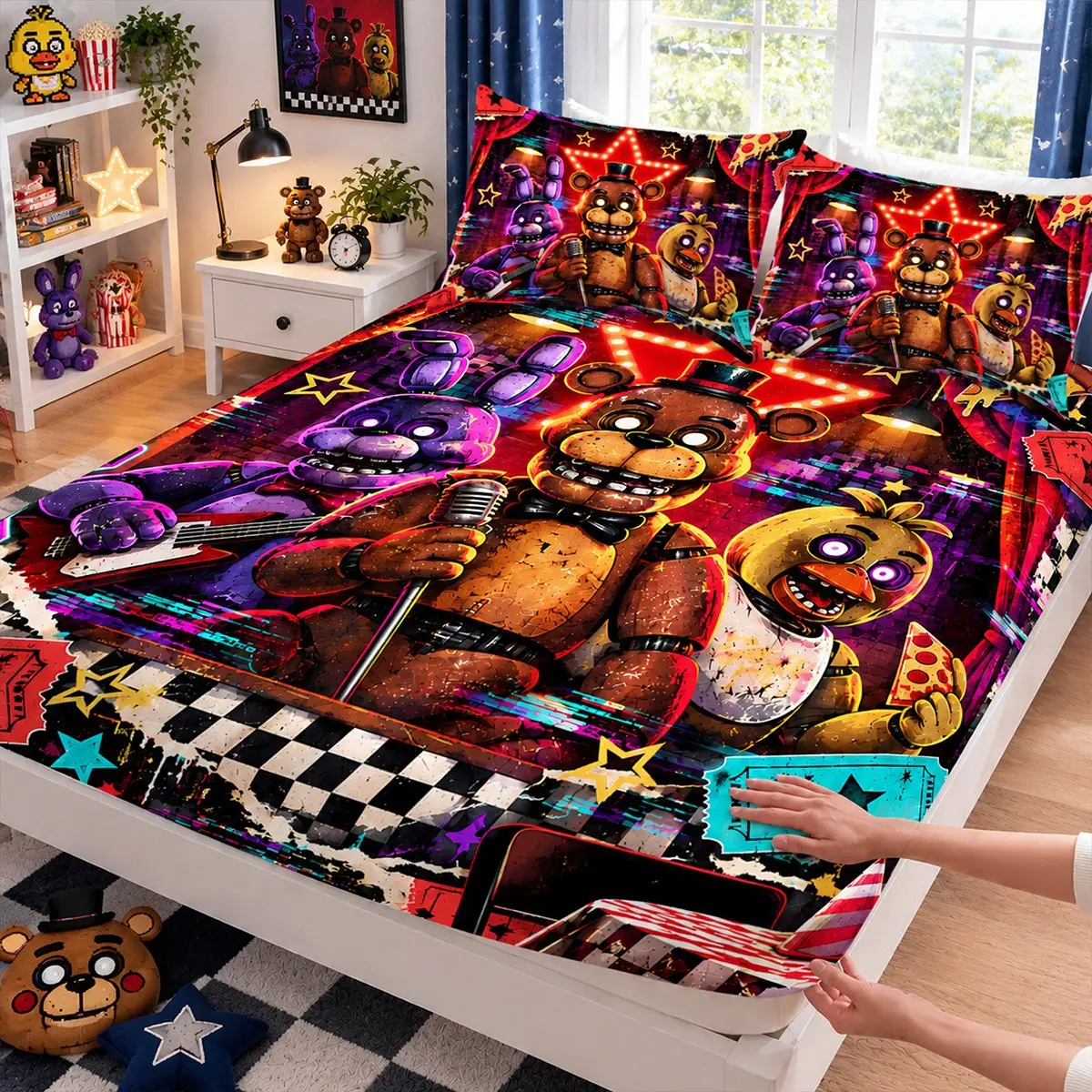 3-Piece *Five Nights at Freddy's* Bedding Set featuring a "Stage, Ticket, Star, and Pizza" print (includes 1 fitted sheet and 2 pillowcases; comforter and pillow inserts not included). Perfect for home or dorm room decor—an excellent gift for the holidays