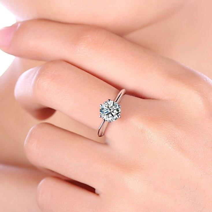 Six-prong simulated diamond ring, couple's open wedding ring, adjustable jewelry