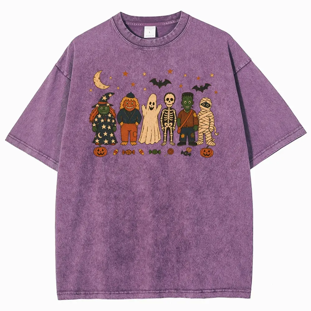 Unisex Witches, pumpkin scarecrows, ghosts, skeletons, Halloween Graphic Washed T-Shirt Personalized Pattern Y2k Clothing Round Neck Washed T-Shirt,Women's Clothing 100% Cotton, Menswear, Top, Vintage Style,Summer Casual Oversized