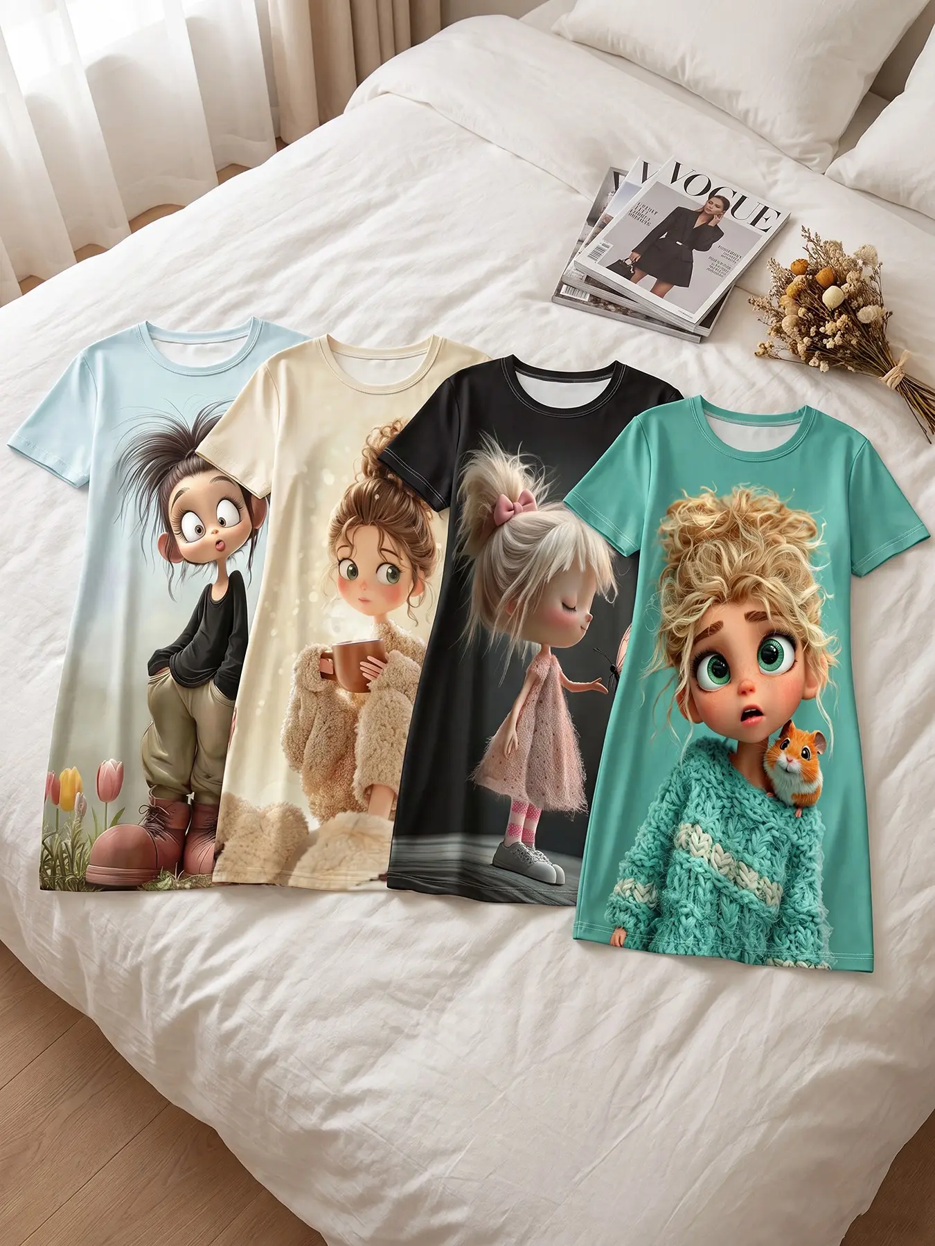 Women's 4 Pack Crew Neck Short Sleeve Sleep Dress, All Season Wear, Multi-scene Cartoon Girl Hamster Butterfly Print, Rich Healing Style, Casual Nightgown for Home Loungewear