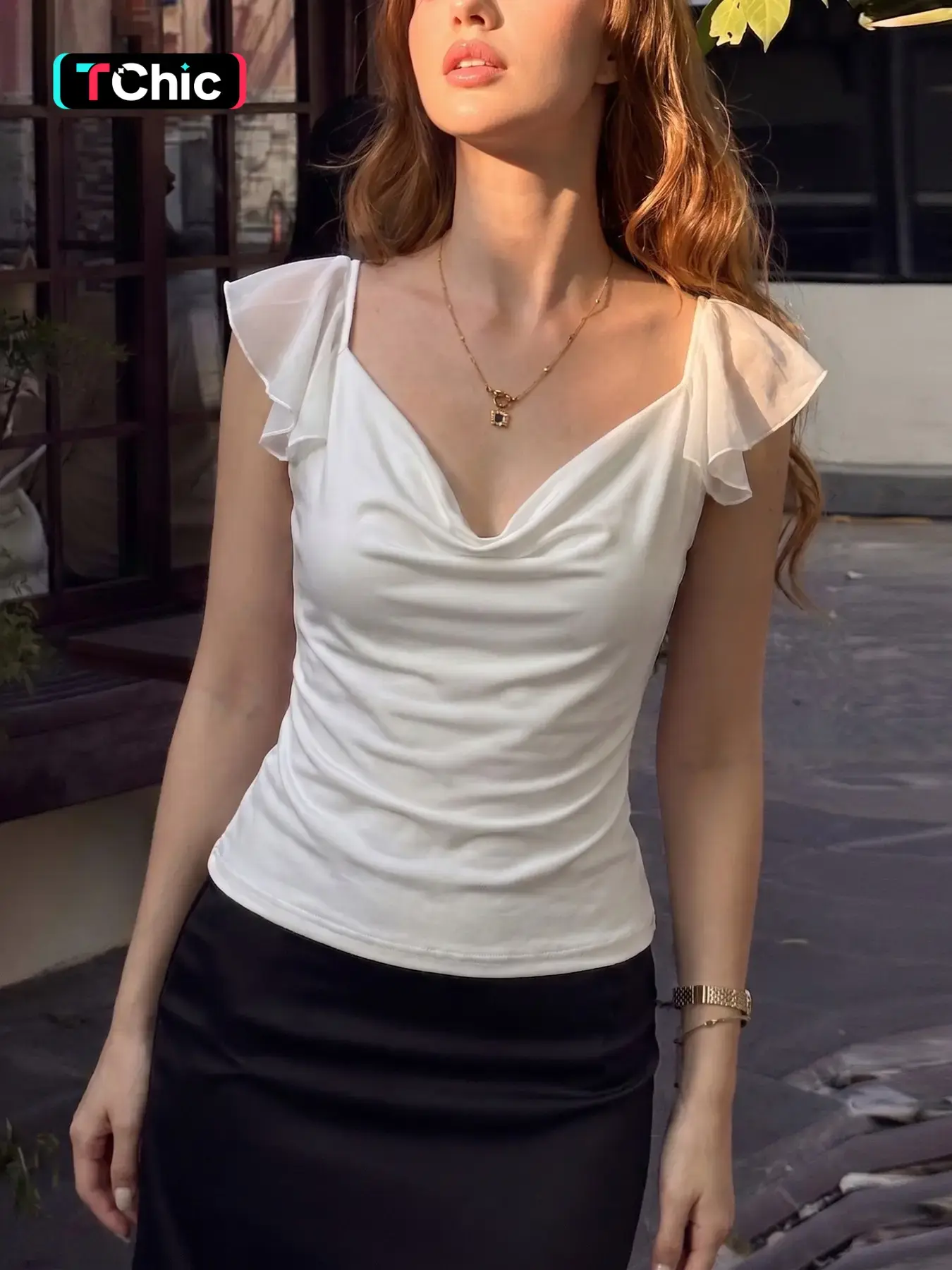 Women's Plain Chiffon Butterfly Sleeves Cowl Neck T-shirt Top, Solid Color Cut Out Backless Slim Fit Tees Blouse Top, Blouses Shirts, Party Club Date Holiday Daily Casual Shirts Crop Tops For Ladies All Seasons Fashion Clothes Wear