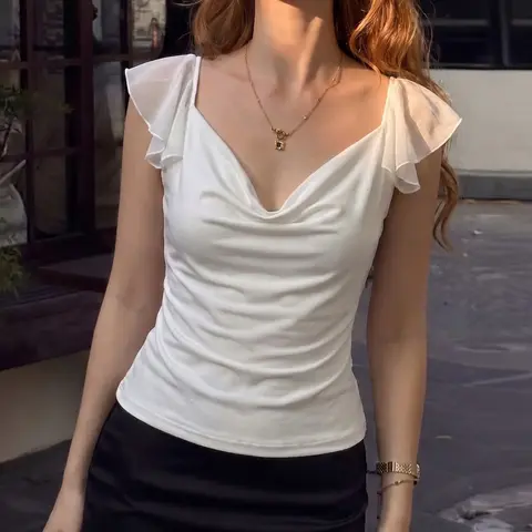Women's Plain Chiffon Butterfly Sleeves Cowl Neck T-shirt Top, Solid Color Cut Out Backless Slim Fit Tees Blouse Top, Blouses Shirts, Party Club Date Holiday Daily Casual Shirts Crop Tops For Ladies All Seasons Fashion Clothes Wear