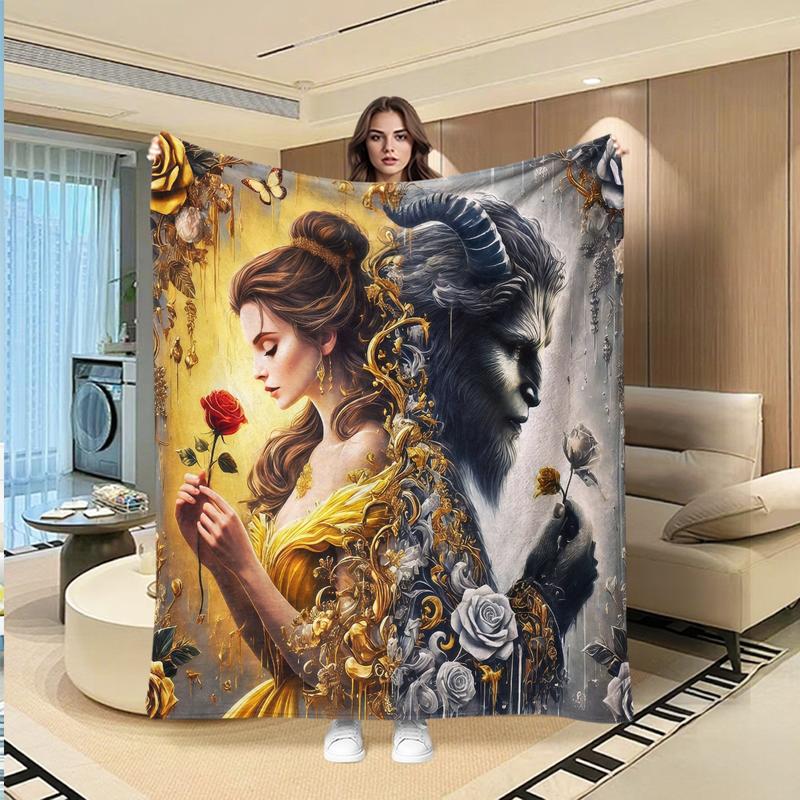 Beauty and Beast Flannel Blanket, Romantic Couple Design, Warm Cozy Throw, Creative Digital Print, Holiday Gift, Multi-Purpose