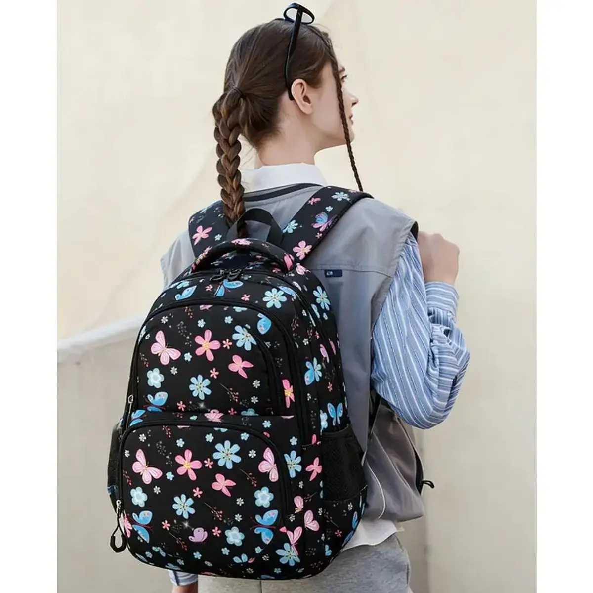 2026 New Girls 3-Piece Butterfly Floral Backpack Set with Lunch Bag and Pencil Case, Black Multi-Pocket School Bookbag for Grades 3-6, Back to School and Travel,school essentials for girls,back to school