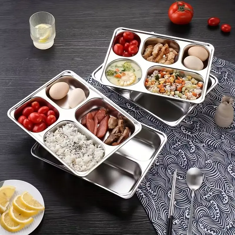 1pc 4/5 Grid Stainless Steel Lunch Plate, School Student Compartment Plate, Thickened Canteen Divided Plate, Large Adult Fast Food Plate