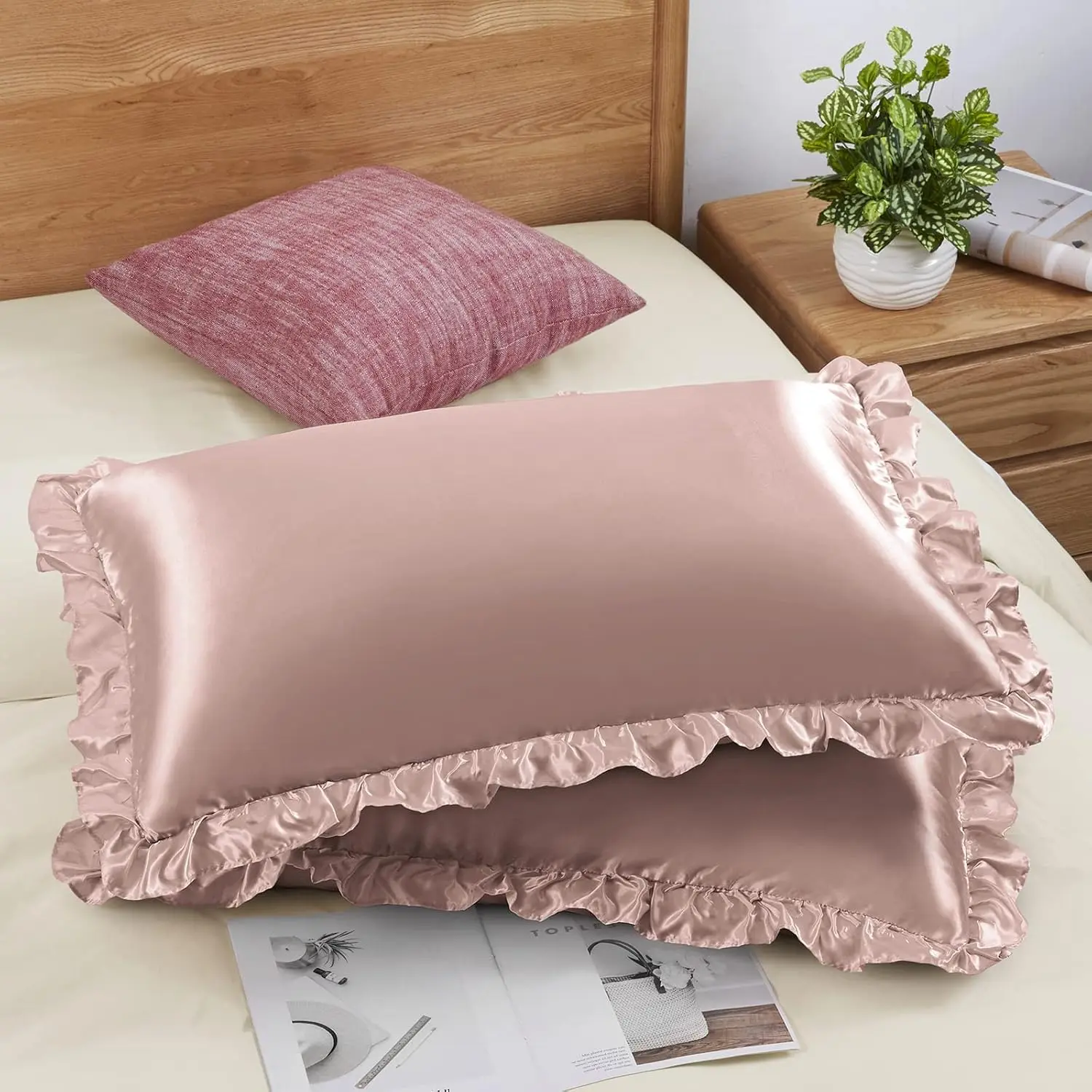 Ruffled Standard Satin Pillowcase Set of 2, Rose  | 20 x 26 Inch Silky Satin Pillow Cases for Women Ruffle Pillow Shams Covers Princess Room Decoration, Envelope Closure