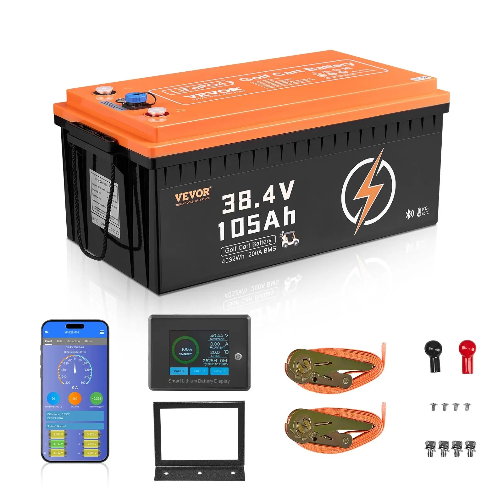 VEVOR 36V 105Ah Golf Cart Lithium Battery, 36 Volt Golf Cart Battery with 200A BMS, LCD Monitor and Mobile APP, LiFePO4 Battery with 600A Peak Current, ABS Shell and 4000+ Cycles, for Golf Carts