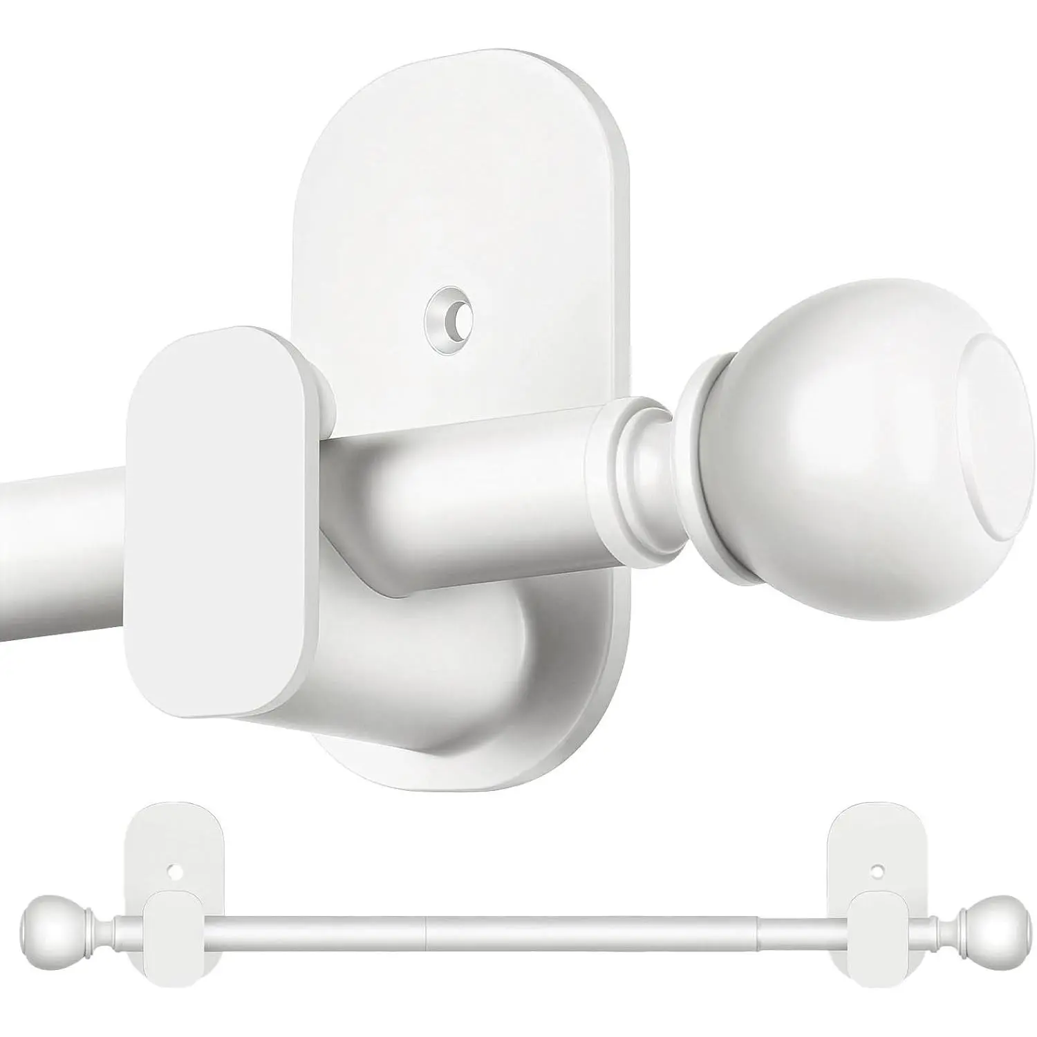 Adhesive Mount White Curtain Support Set, 5/8 in Adjustable No-Drill Curtain Rod (32-58 in) with Round Finials, Simple Install Renter-Friendly for Lightweight Drapes & Windows, Renters