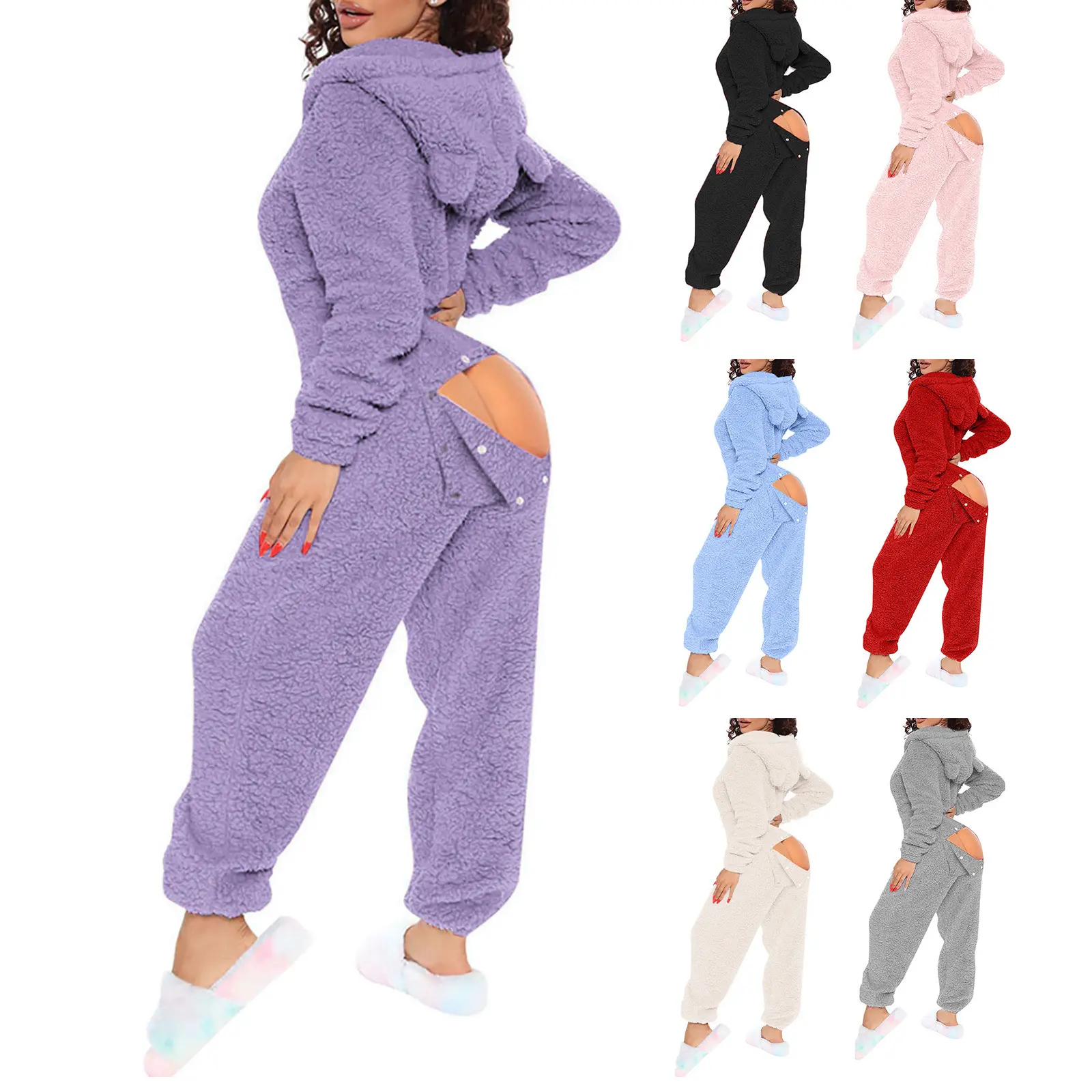 Women Cute Fuzzy Hooded Long Sleeve Jumpsuit Open Crotch Loungewear One Piece Pajamas Soft Fluffy Plush Home Sleepwear Casual Cozy Warm Full Body Romper Sexy Intimate Nightwear Loose Comfy Daily Indoor Lounge Outfit For Ladies Winter Flannel Onesie