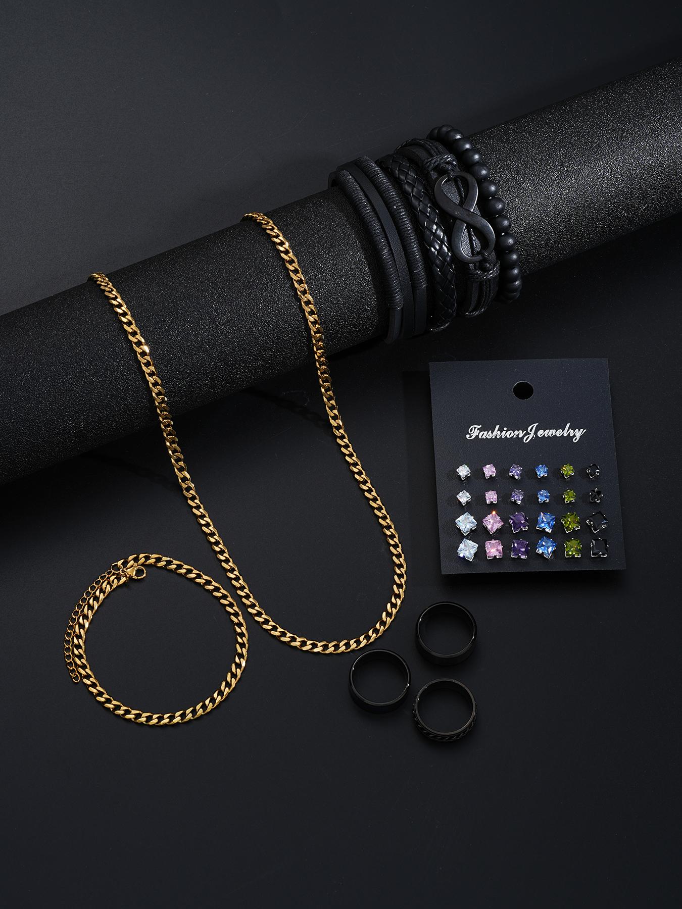 Men's Fashion Jewelry Set, 33 Counts Casual Rhinestone Decor Beaded & Drawstring Design Necklace & Bracelet & Stud Earrings & Rings for Men, Fashion Jewelry for Party, Daily Clothing Decor, Trendy All-match & Exquisite Jewelry for Birthday Gift