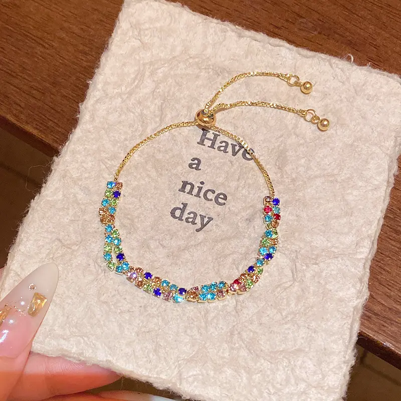 1Pc Gold Tone Multicolor CZ Bolo Bracelet - Double Row Rainbow Cubic Zirconia Adjustable Slider Chain Wristband Jewelry Gift Suitable For Women Girls Daily Wear Prom Party