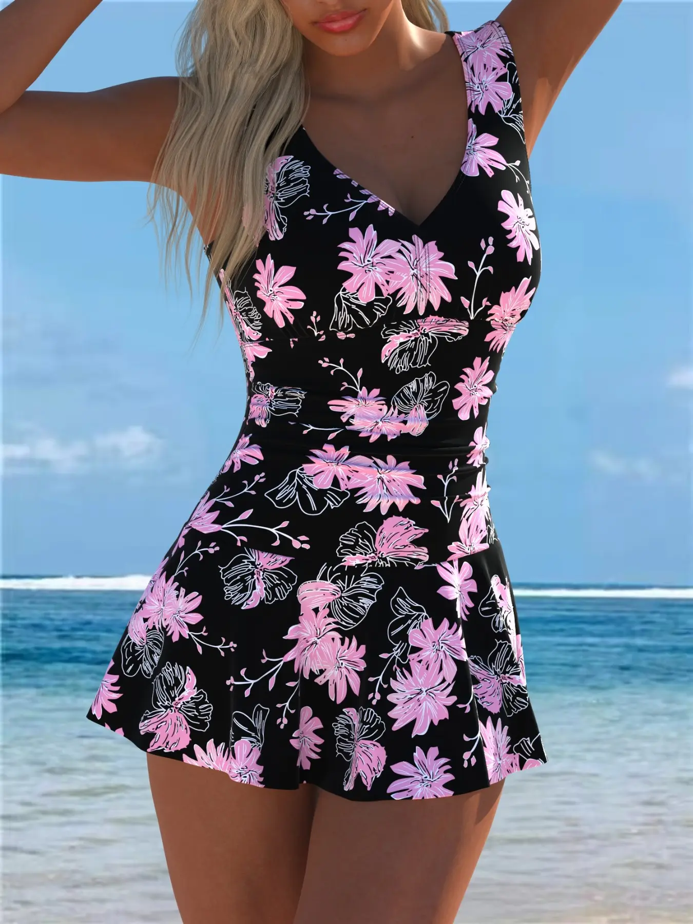 Women's V-Neck Waist-Cinch Skirt Jumpsuit Swimsuit, Belly Concealing Slim Fit Design, Beach Vacation Swimwear, Sexy Random Print Style, Swimsuits With Skirt