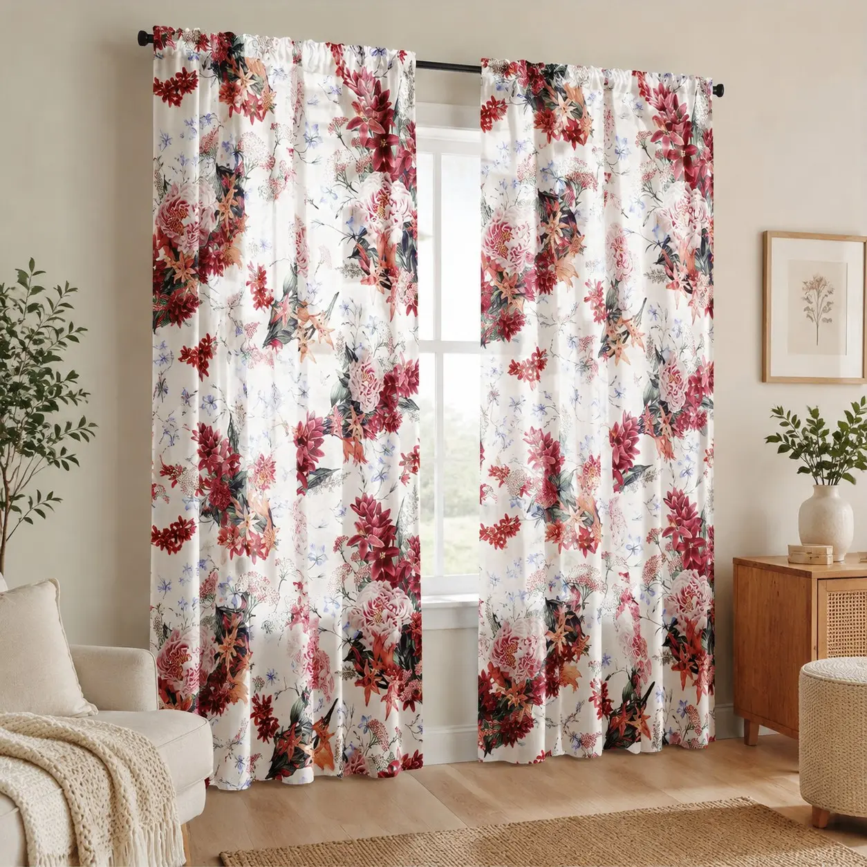 2-Pack Floral Print Curtains, Lily Curtain Set, Semi-Transparent Fiber Balcony Window Curtains, Bedroom Kitchen Living Room Decor, Apartment Use