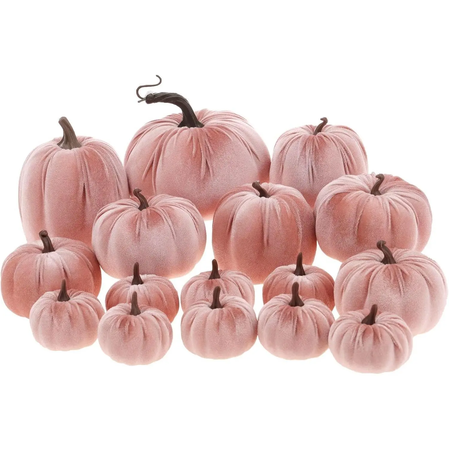 16 Pcs Assorted Size Pink Velvet Artificial Foam Pumpkins, Handmade Faux Fabric Pumpkins for Halloween Fall Harvest Thanksgiving Table Centerpieces Wedding Party Festive Decor