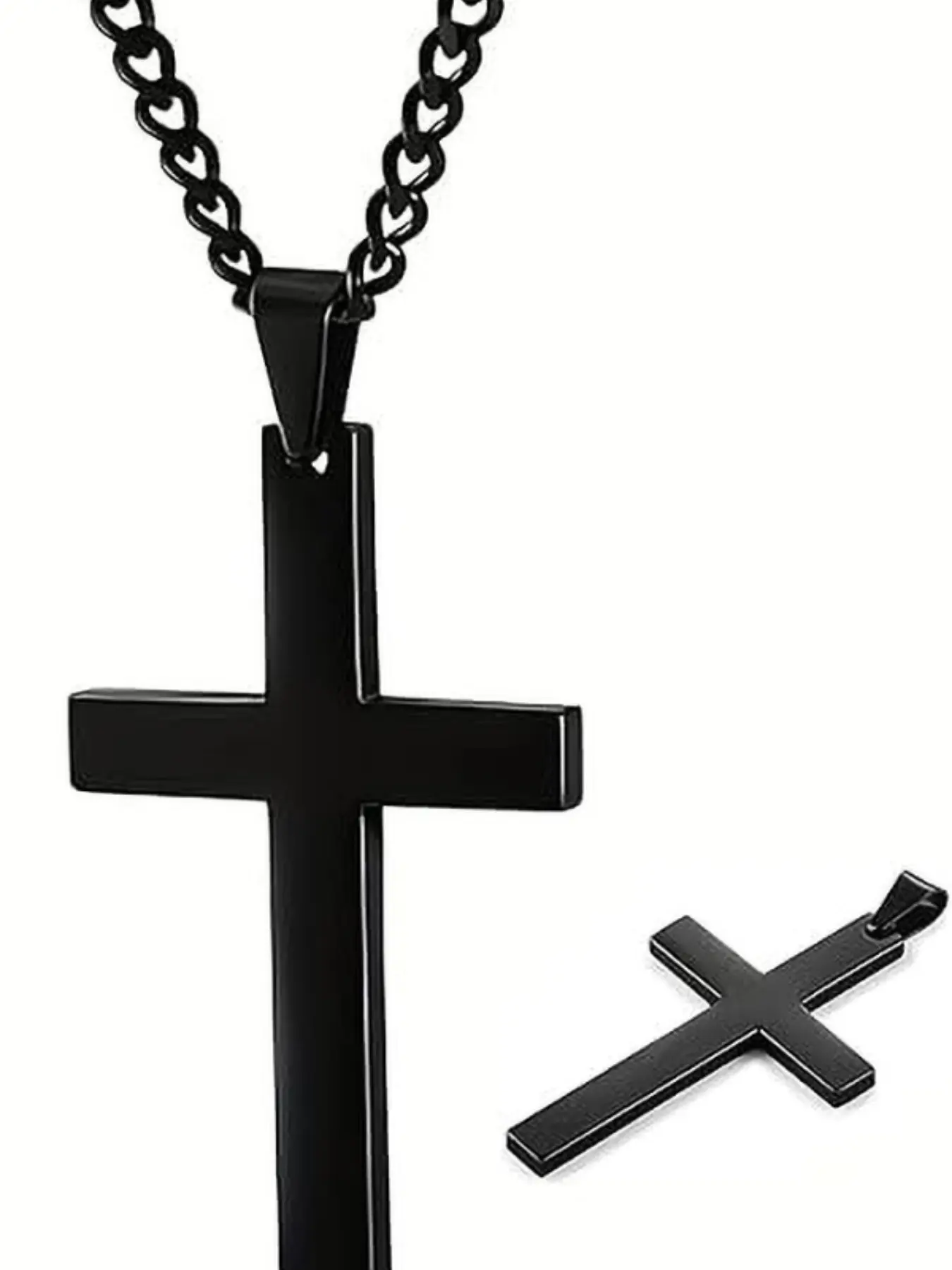 Matte Titanium Cross Faith Pendant Necklace, Simple Religious Cuban Chain, Unisex Jewelry, Elegant Design, Perfect Gift