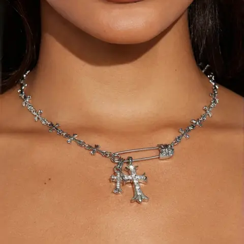 Vintage Cross Pin Necklace, Full Rhinestone Dual Cross Pendant, Distressed Silver Color Punk Chain, Subculture Y2K Fashion Accessory, Alloy Necklace