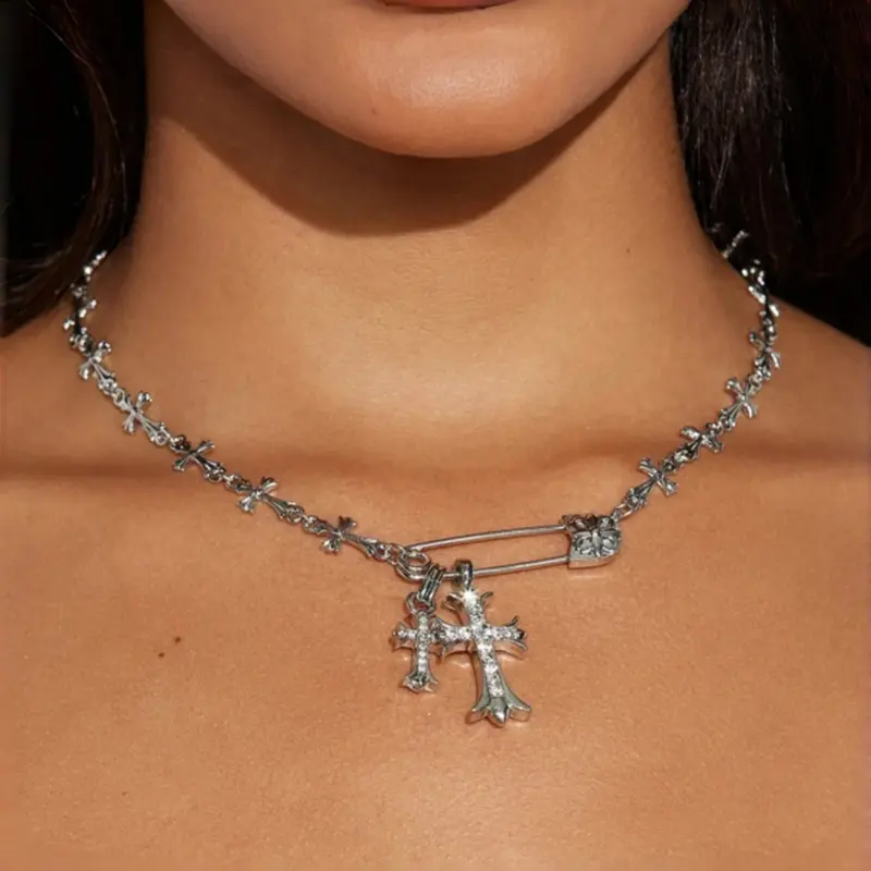 Vintage Cross Pin Necklace, Full Rhinestone Dual Cross Pendant, Distressed Silver Color Punk Chain, Subculture Y2K Fashion Accessory, Alloy Necklace