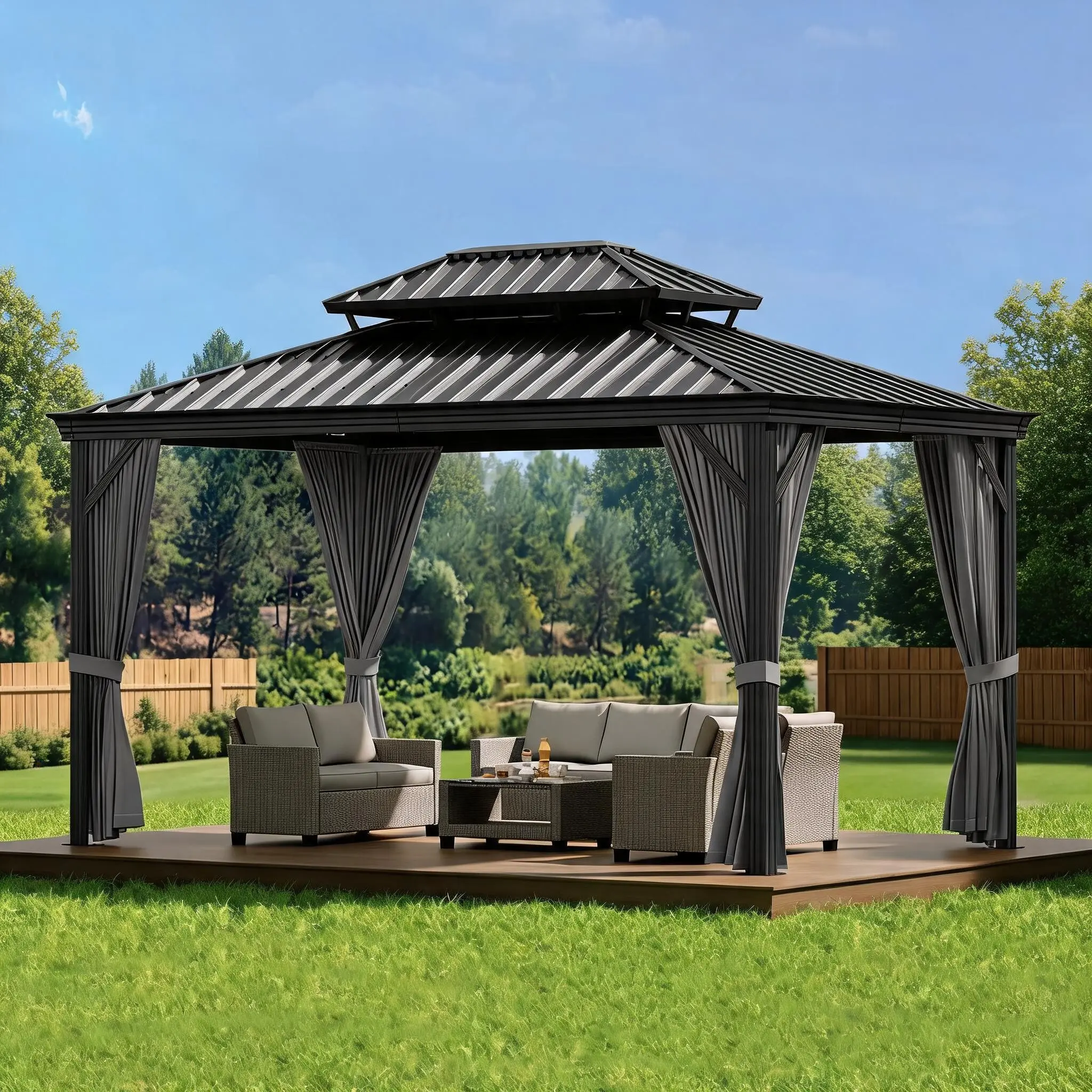 12' x 10' Hardtop Gazebo, Double Polycarbonate Roof, Aluminum Frame, Outdoor Pavilion with Curtains & Mesh, UV Protection, Weather-Resistant