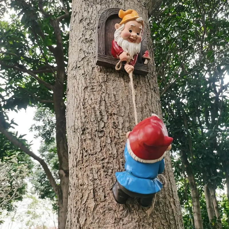 2 Pcs Climbing Garden Gnome Tree Hugger Decoration, Funny Resin Gnome Tree Peeker with Window Rope Design, Waterproof Outdoor Yard Art Sculpture for Patio Lawn Backyard, Cute Housewarming Gift for Garden Lovers