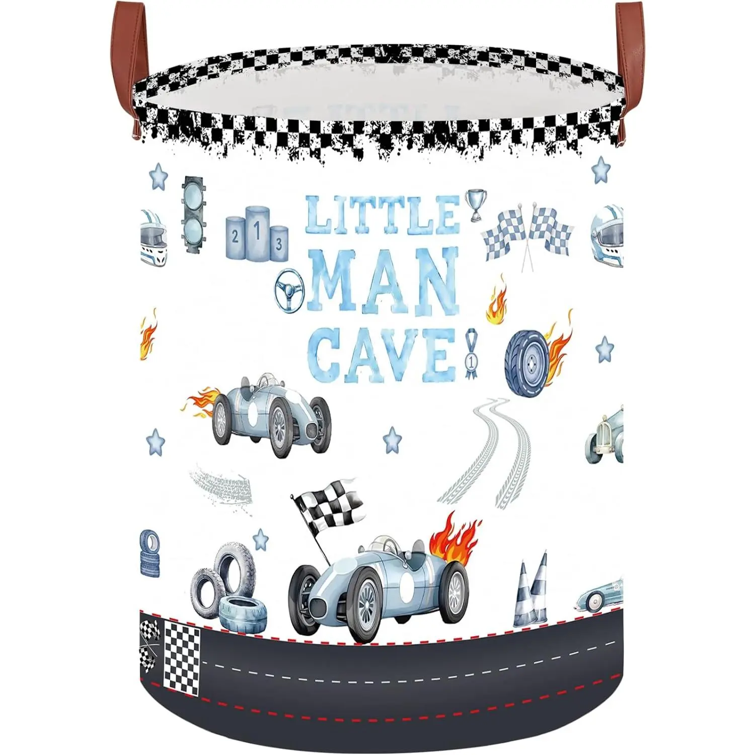 Car Themed Room Decor Laundry Basket, Kids Vintage Car Nursery Hamper, Tire Toy Box for Boys, Collapsible Clothes Book Organizer Bin for Baby, Christmas Gift (Vintage Blue, Round)