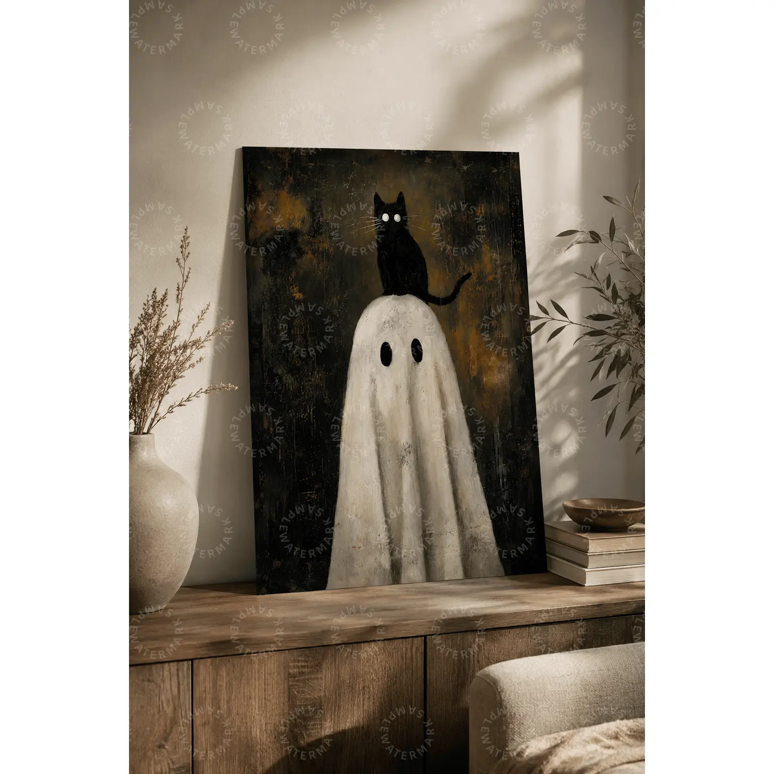 Black Cat Ghost Canvas Poster, Cute Spooky Halloween Wall Decor, Gothic Whimsy Aesthetic Poster for Bedroom Wall Art, Living Room Decor, Office Wall Art, Cozy Autumn Home Decor Gift