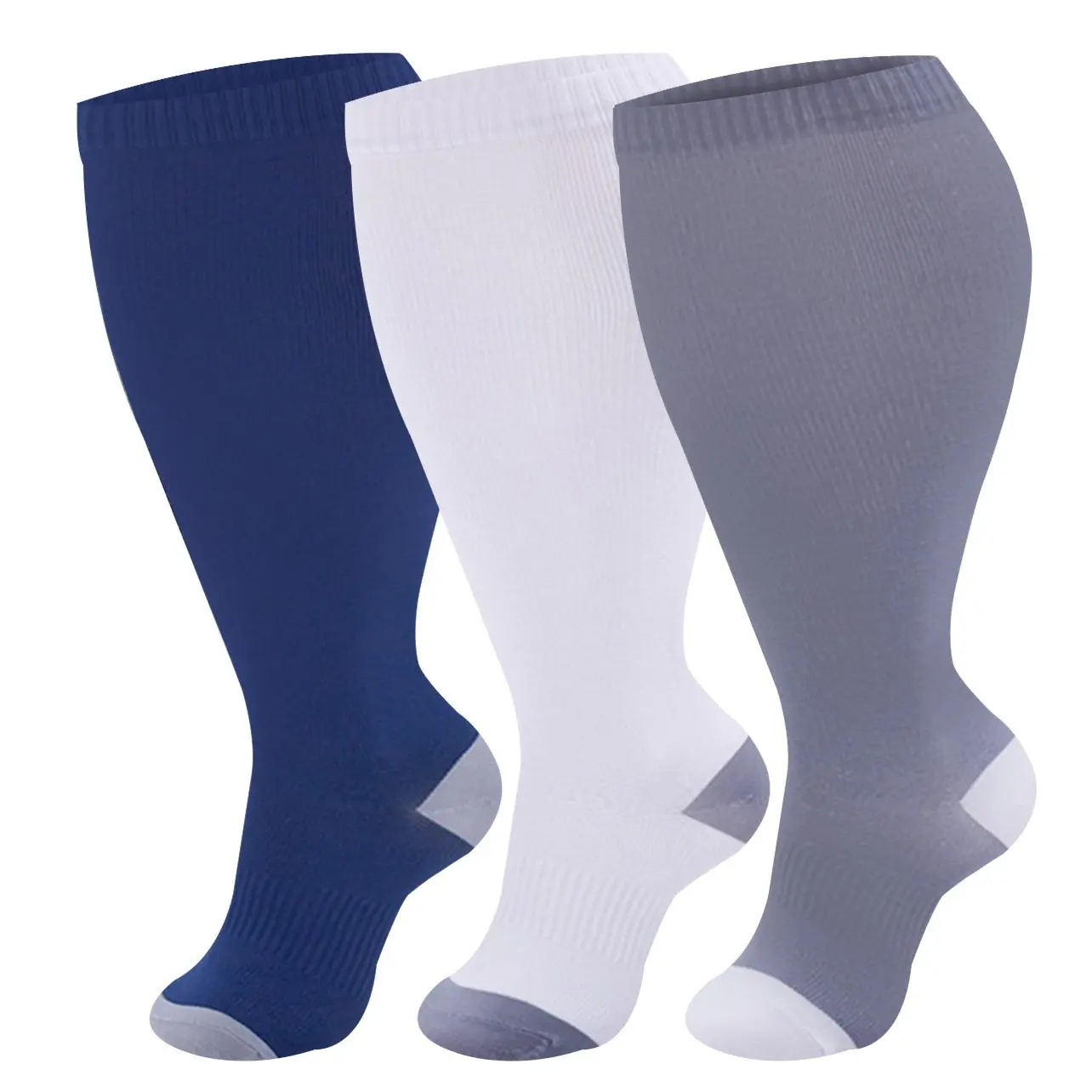 Compression Socks (3 Pairs) for Women's Plus Size Wide Calves, 2XL-4XL Athletic Nylon Workout Socks for Nurses, Gym Workouts & Circulation, Compression Athletic Socks, Standing Jobs