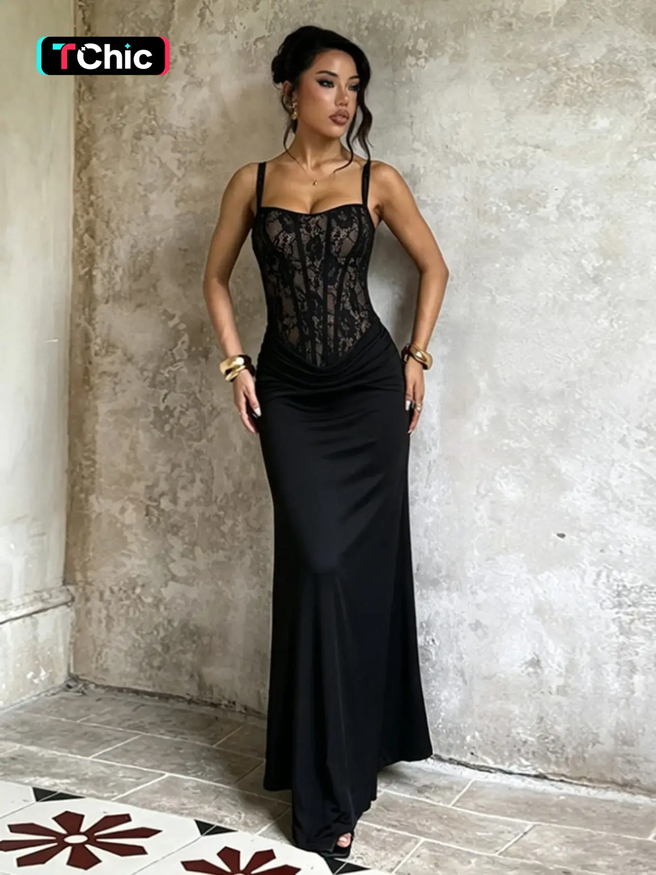 Women's Sexy Lace Patchwork Sleeveless Spaghetti Strap Bodycon Long Formal Evening Dress, Perfect for Dates, Nightclubs, Cocktail Parties, Birthday Parties, Homecoming Dances