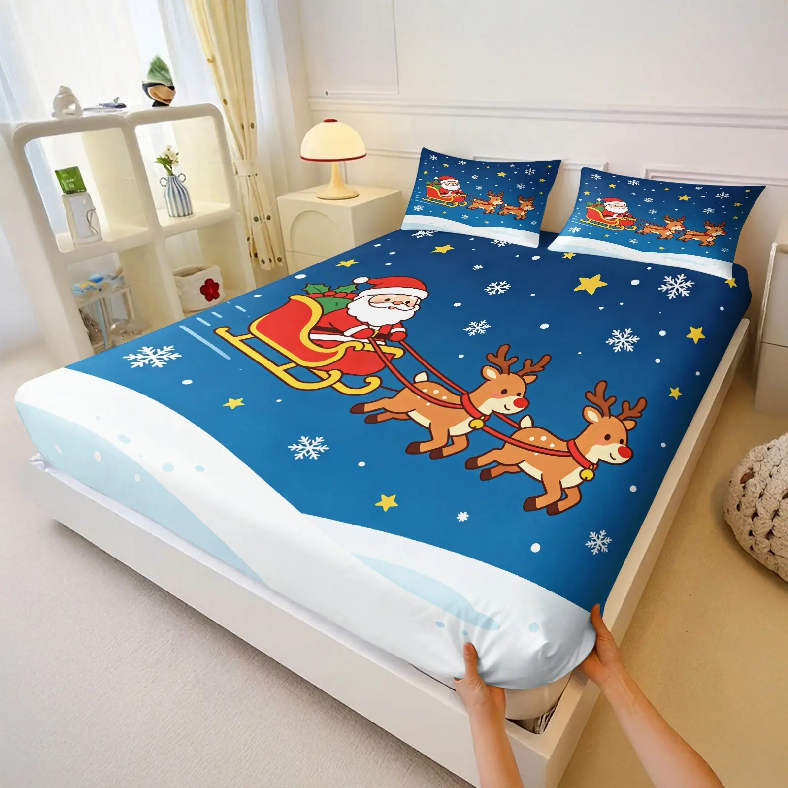 Anime Girl Christmas Fitted Sheet Set, Snowy Winter Town Design, Elastic Deep Pocket, Includes Pillowcases, Festive Bedroom Decor