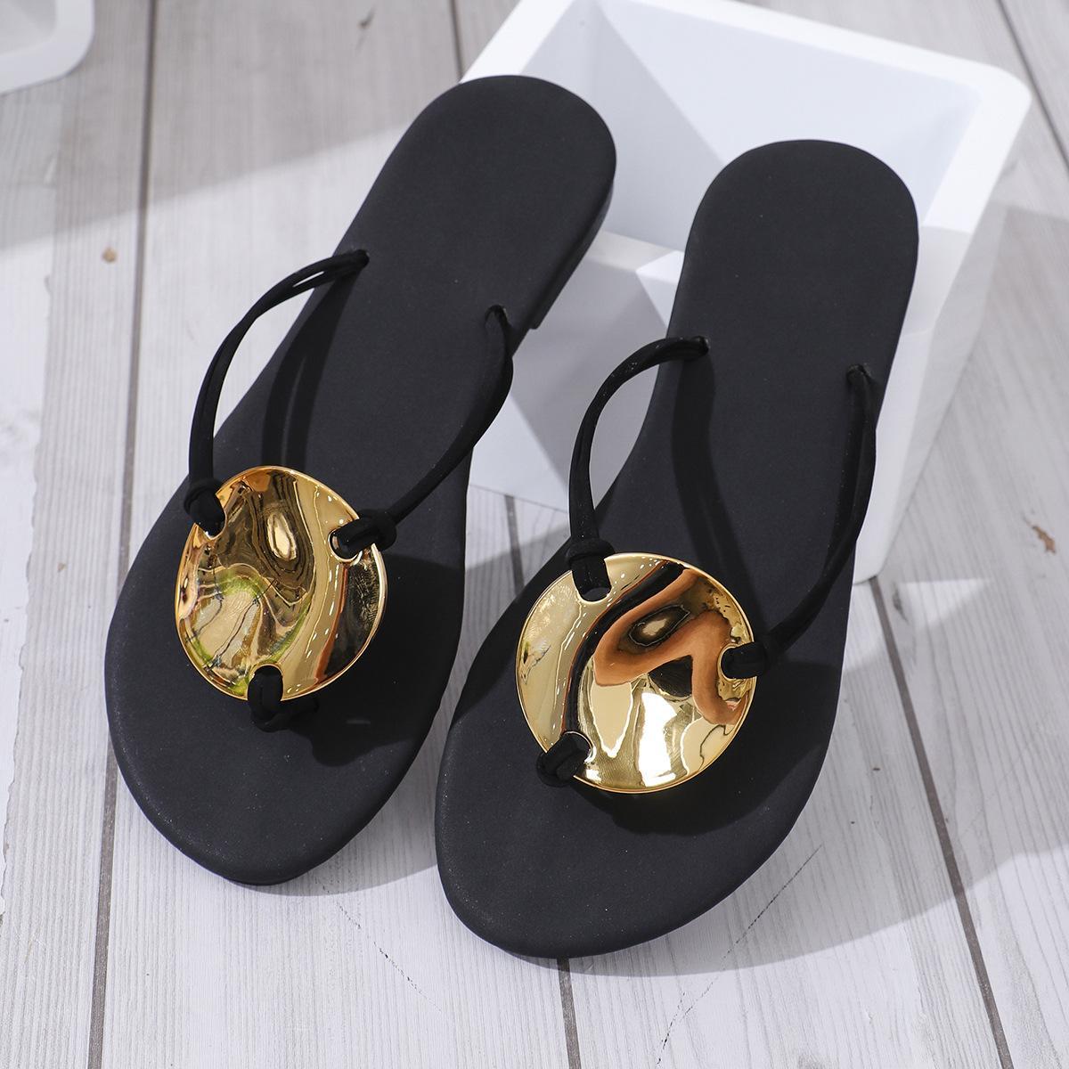 Women's New Metal Buckle Thong Sandals, Plus Size Summer Beach Chunky Heel Slide Sandals