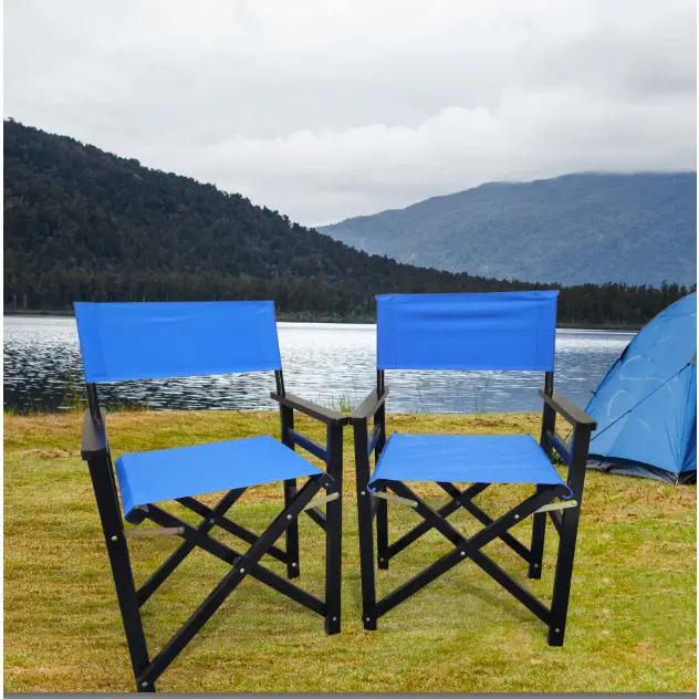 Nokaa Folding Director Chair Set of 2 – Solid Poplar Wood Frame with Canvas Seat, Indoor/Outdoor Portable Seating for Living Room, Patio, Garden, Camping, Dining Room – Blue