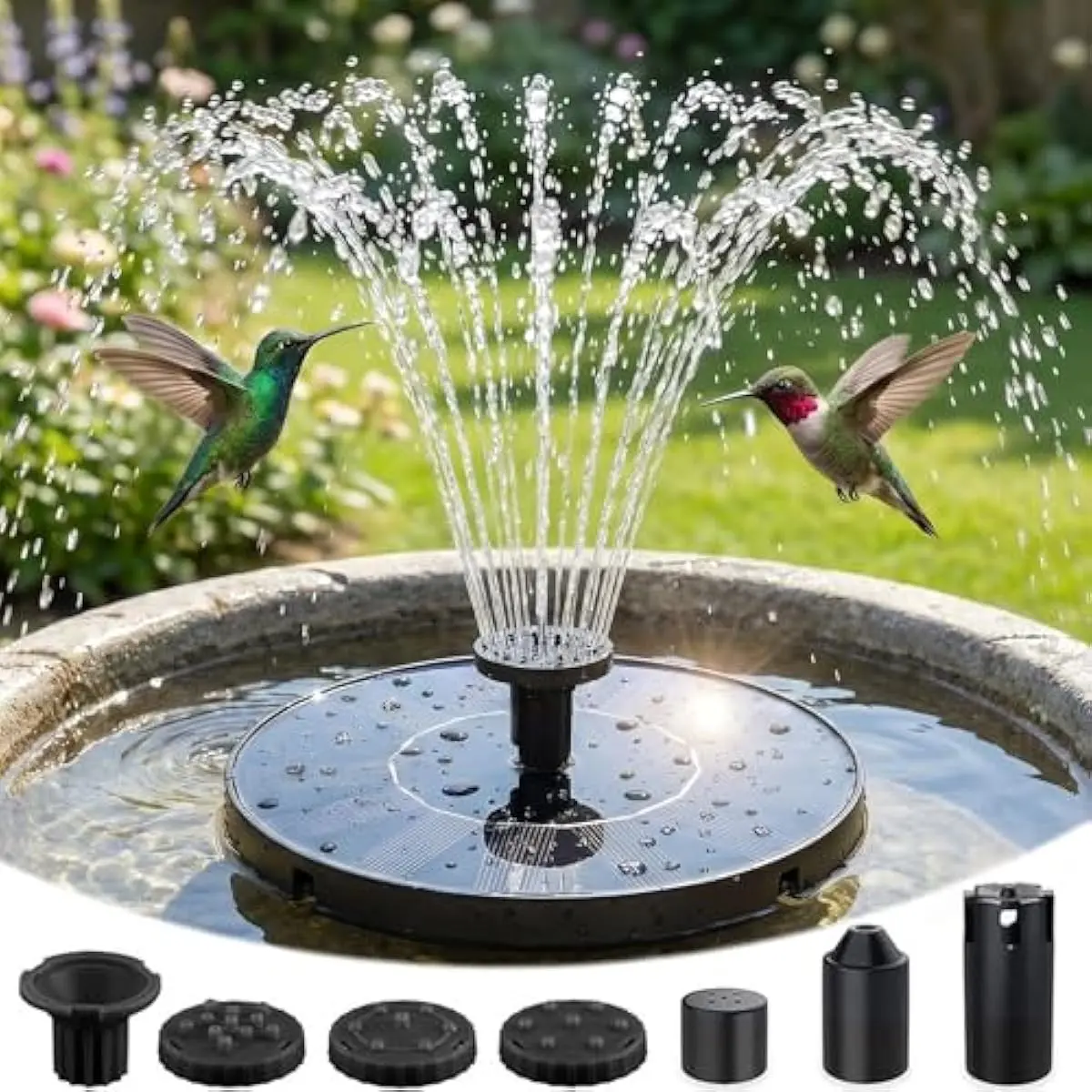 Solar Bird Bath Fountains, 2026 Upgraded 1.4W Solar Fountain Pump with 7 Nozzles, Free Standing Floating Solar Powered Water Pump Fountain for Bird Bath, Garden, Pond, Pool, Outdoor (6.3in)