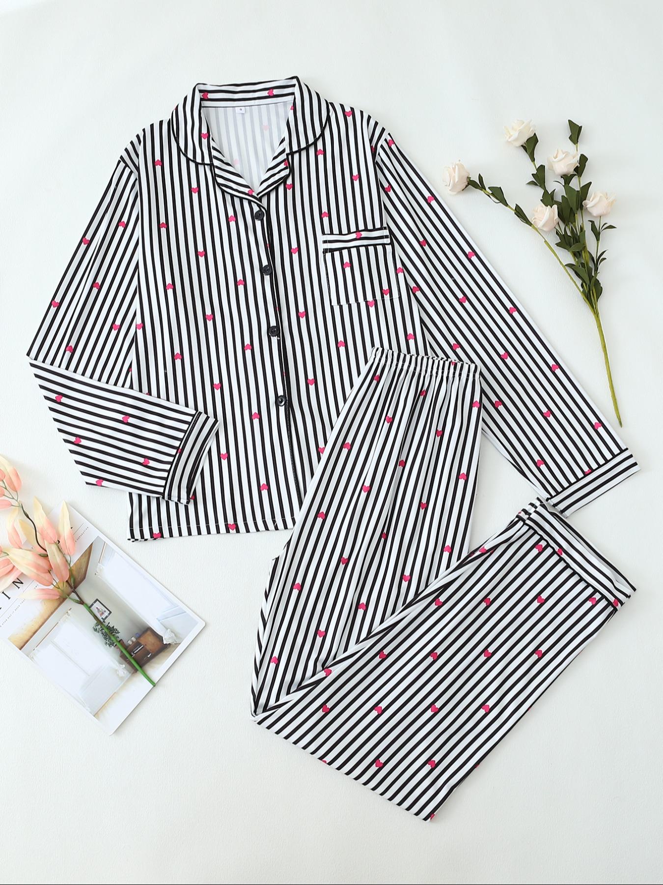 【Valentine Pajamas】Two-Piece Set Women's All Over Bow Print Button Front Shirt & Pants Pyjama, Casual Comfy Long Sleeve Lapel Neck Top & Trousers PJ Set, Women's Sleepwear for Spring & Fall