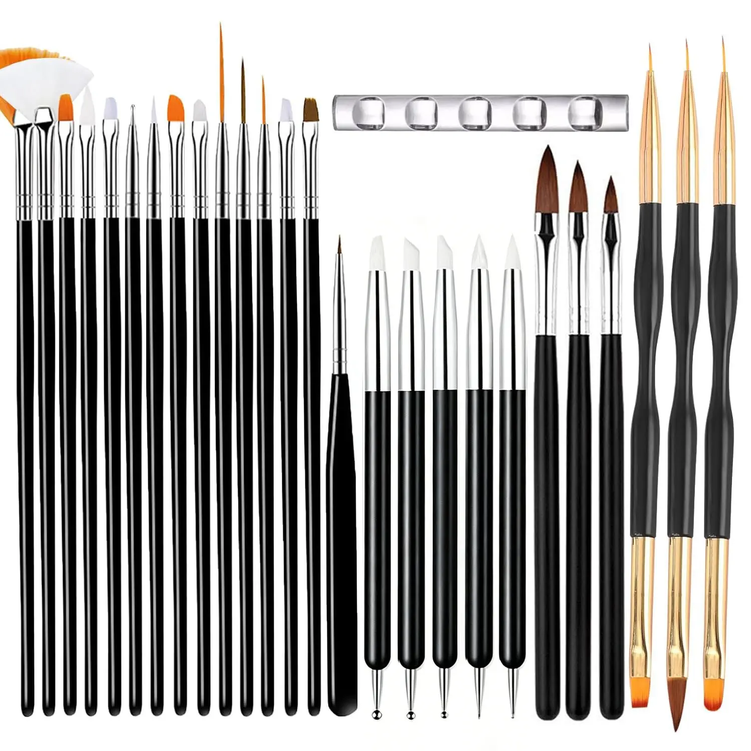 27-Piece Nail Art Brush Set – 15 Basic Brushes + 5 Double-Ended Dotting/Carving Pens + 3 Painting Brushes + 3 Liner Brushes + Nail Stand – Ideal for Nail Schools, Salons & Home DIY Nail Art Tools